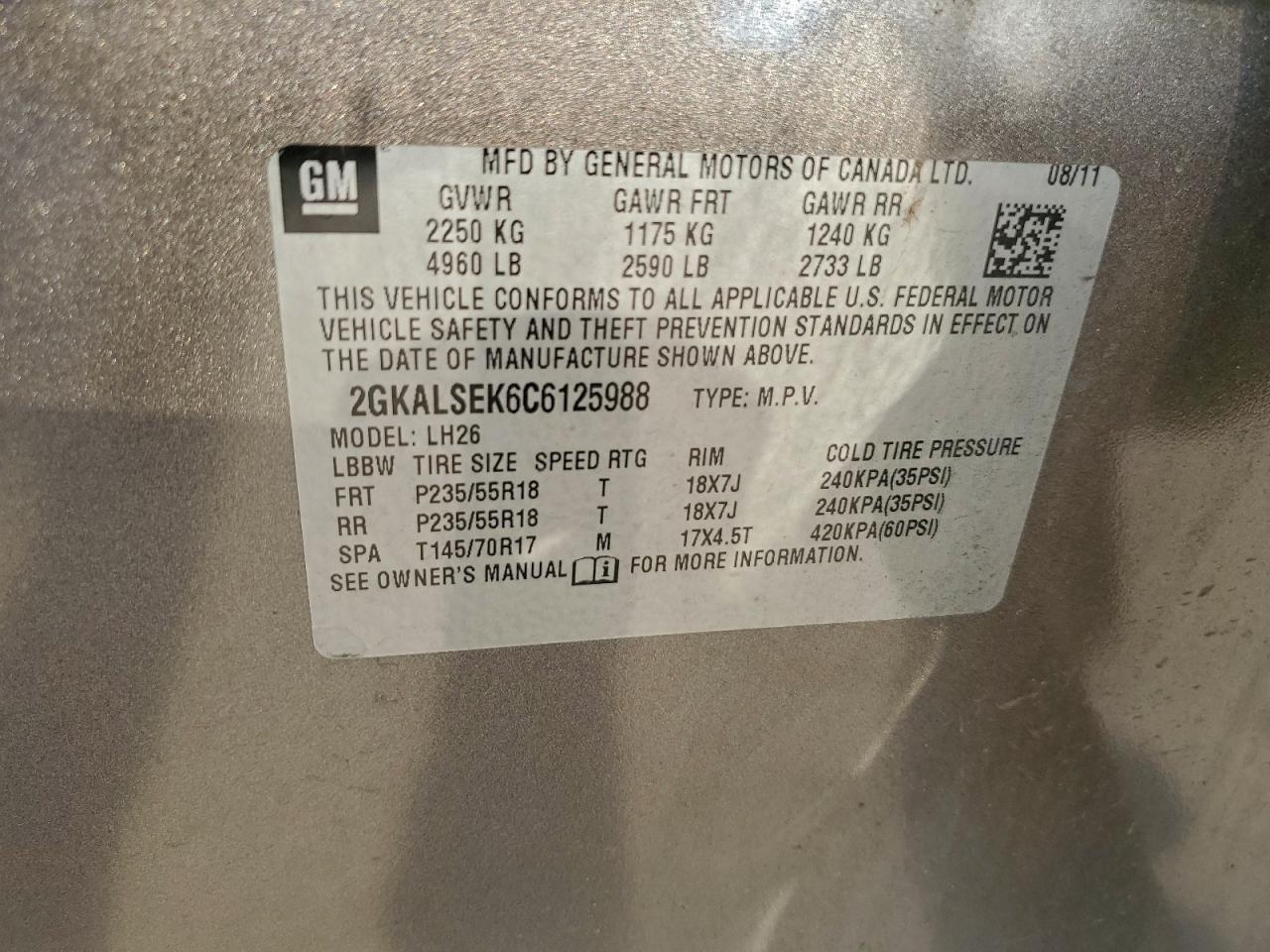 2012 GMC Terrain Sle VIN: 2GKALSEK6C6125988 Lot: 93030625