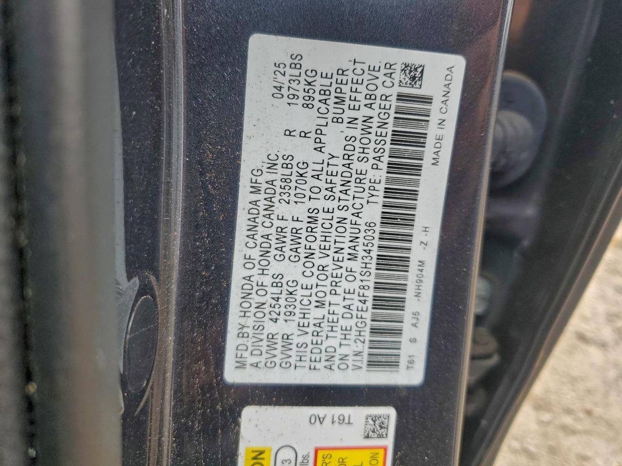 2025 Honda Civic Sport VIN: 2HGFE4F81SH345036 Lot: 93671985