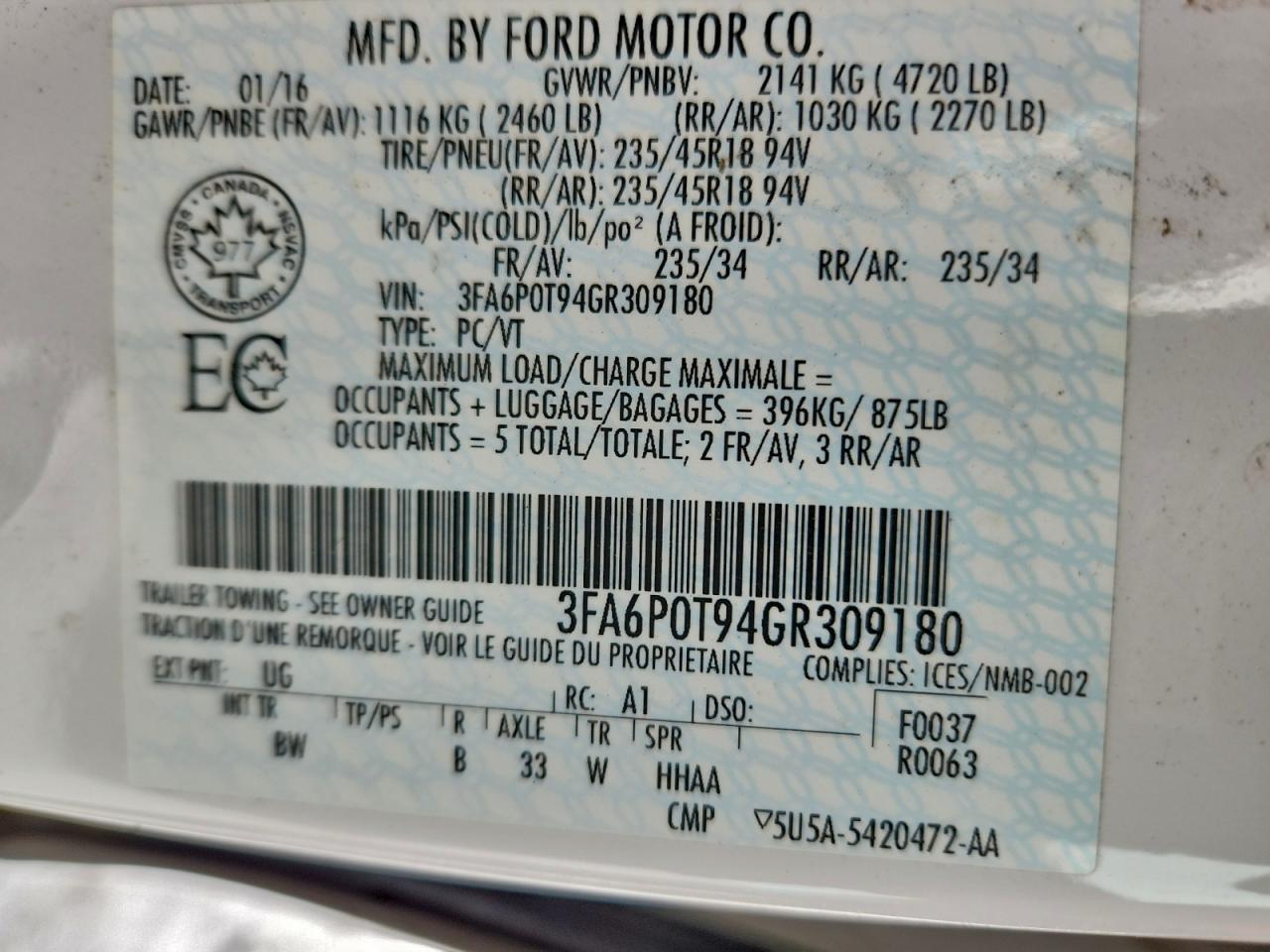 2016 Ford Fusion Se VIN: 3FA6P0T94GR309180 Lot: 94866755