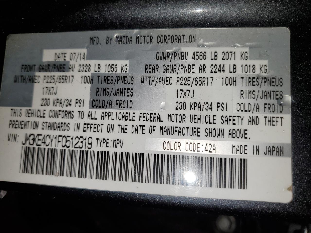 2015 Mazda Cx-5 Touring VIN: JM3KE4CY1F0512319 Lot: 93500205