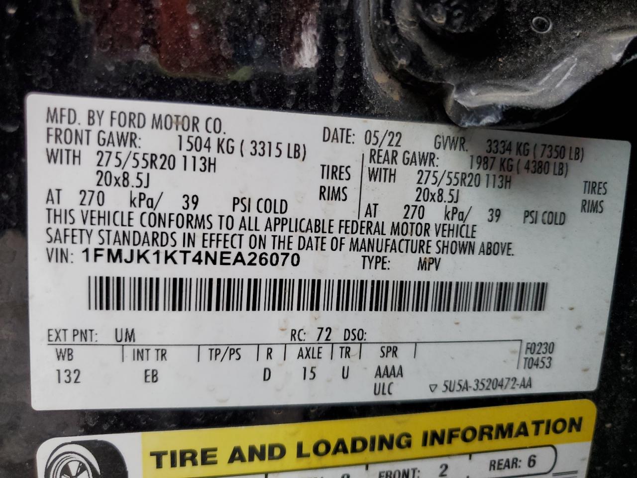 2022 Ford Expedition Max Limited VIN: 1FMJK1KT4NEA26070 Lot: 93261875