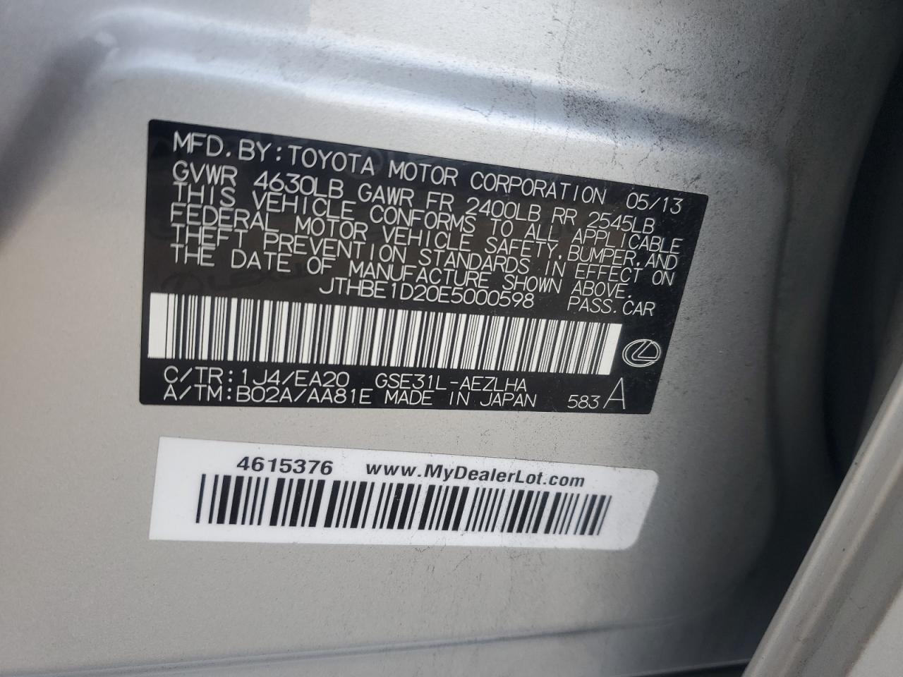 2014 Lexus Is 350 VIN: JTHBE1D20E5000598 Lot: 85393835