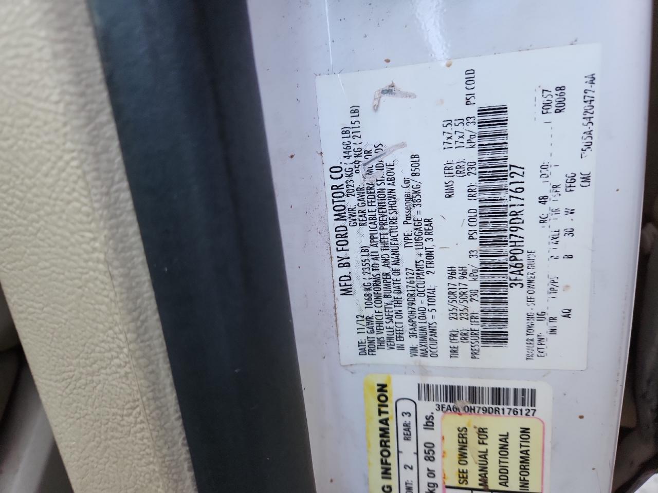 2013 Ford Fusion Se VIN: 3FA6P0H79DR176127 Lot: 93178715