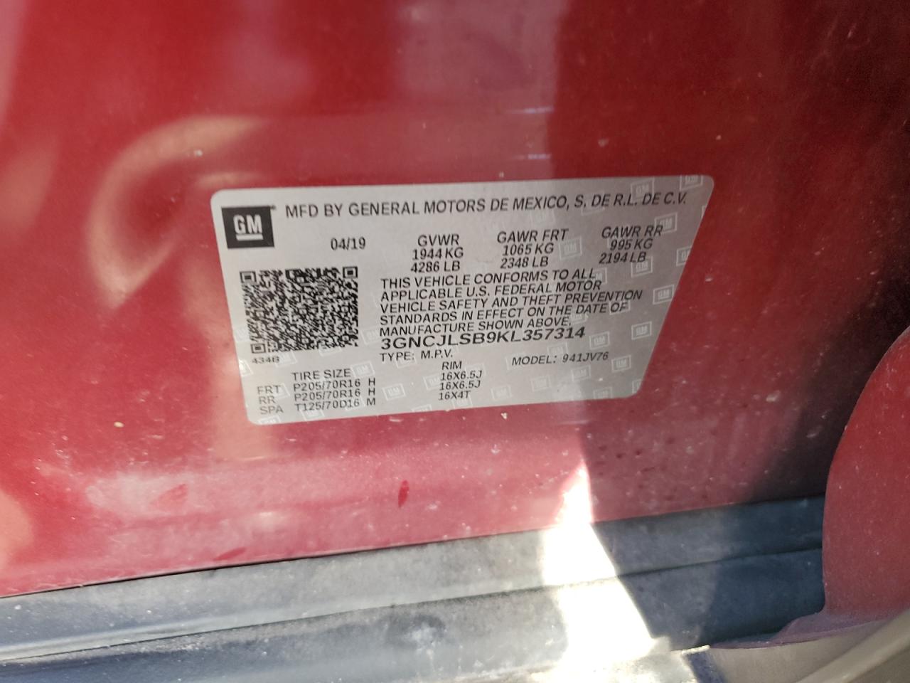 2019 Chevrolet Trax 1Lt VIN: 3GNCJLSB9KL357314 Lot: 93549055