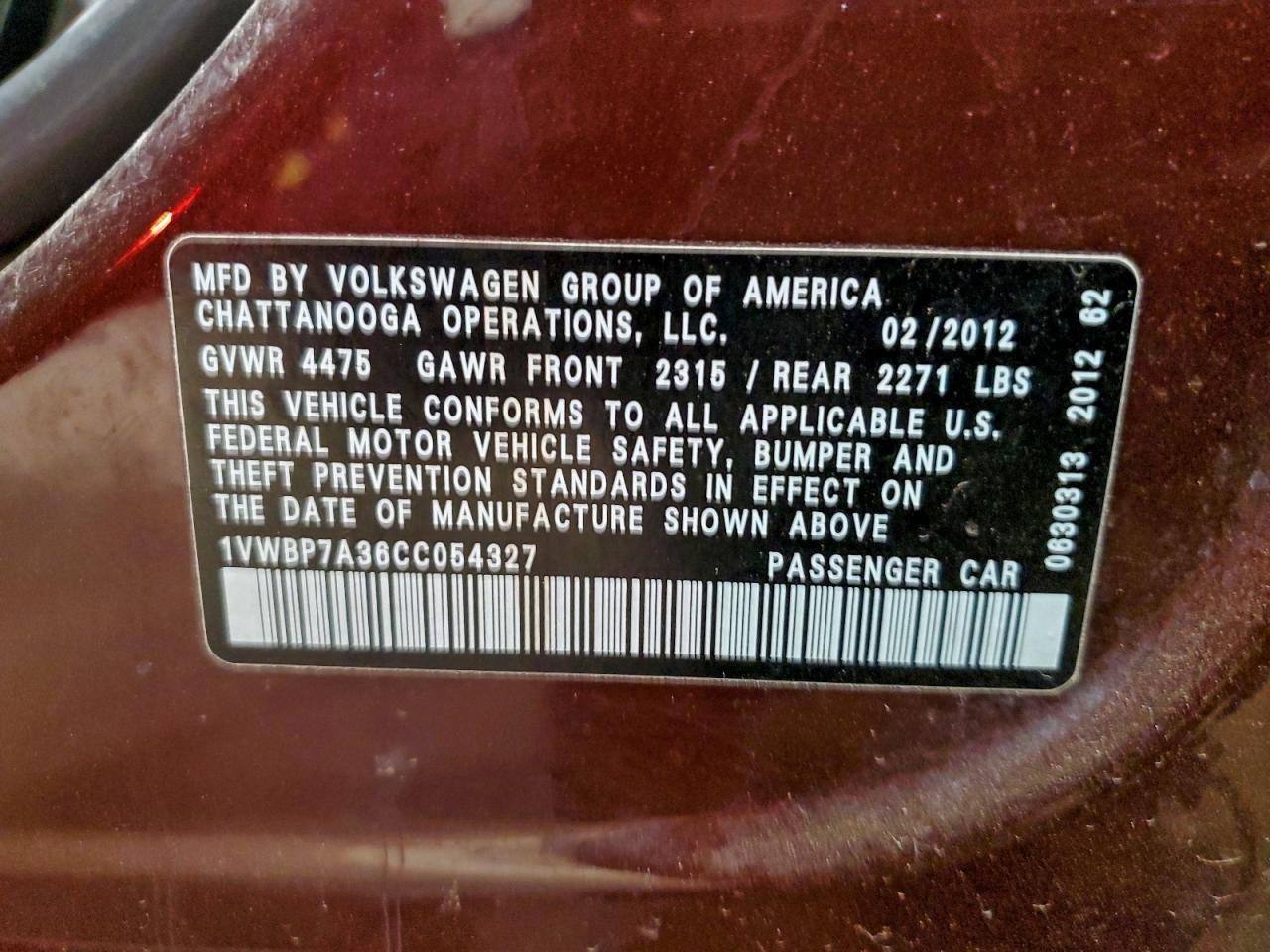 2012 Volkswagen Passat Se VIN: 1VWBP7A36CC054327 Lot: 94104535