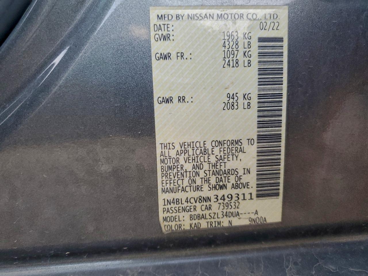 2022 Nissan Altima Sr VIN: 1N4BL4CV8NN349311 Lot: 94299885