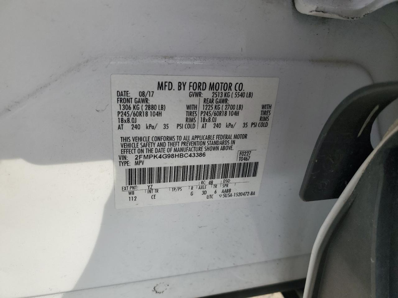 2017 Ford Edge Se VIN: 2FMPK4G98HBC43386 Lot: 91384895