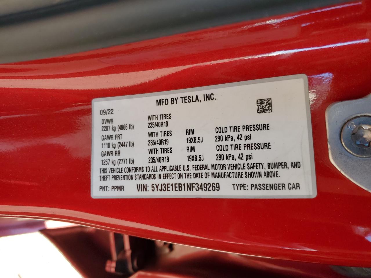 2022 Tesla Model 3 VIN: 5YJ3E1EB1NF349269 Lot: 92005805