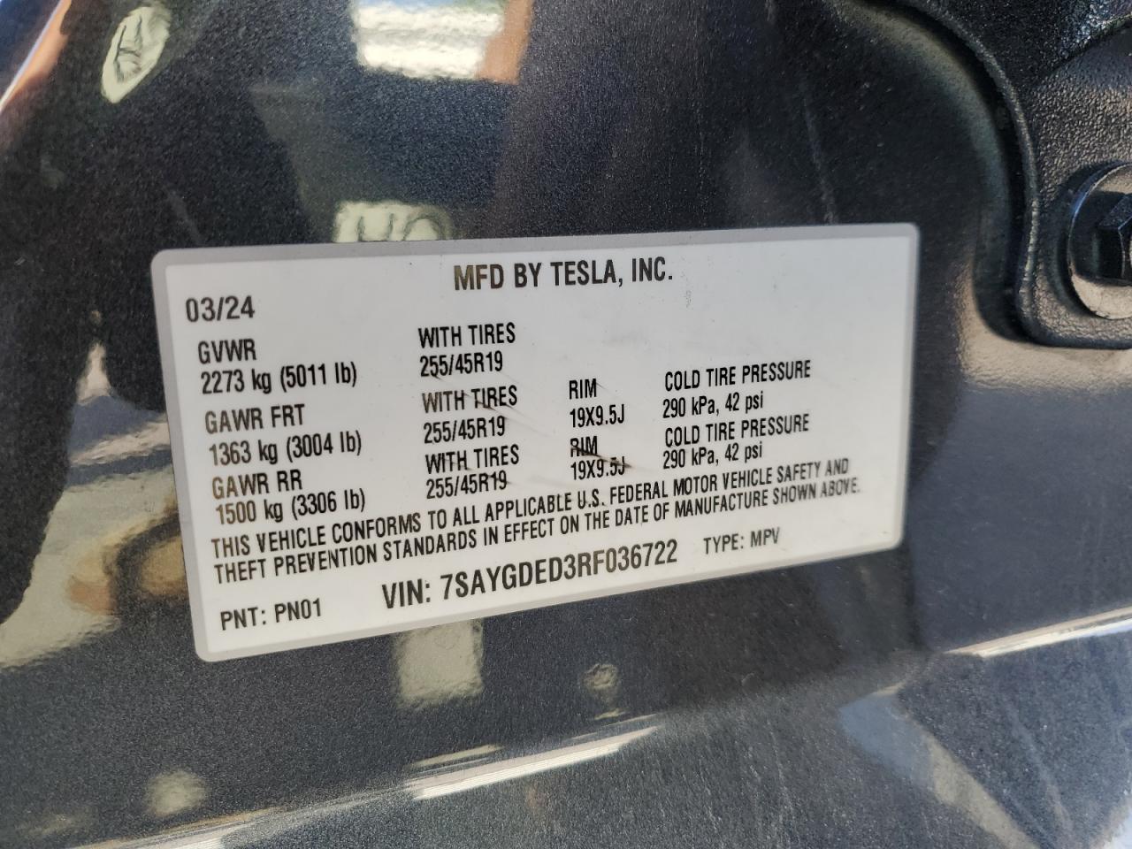 2024 Tesla Model Y VIN: 7SAYGDED3RF036722 Lot: 91325885