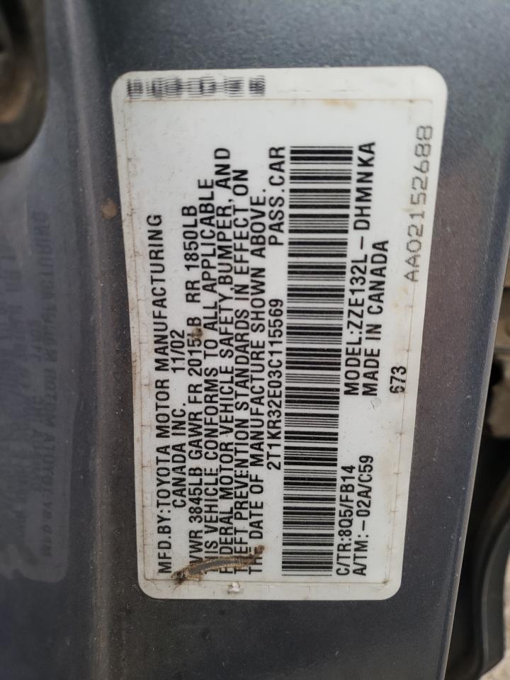 2003 Toyota Corolla Matrix Xr VIN: 2T1KR32E03C115569 Lot: 85427585