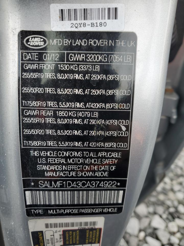 2012 Land Rover Range Rover Hse Luxury VIN: SALMF1D43CA374922 Lot: 93497315