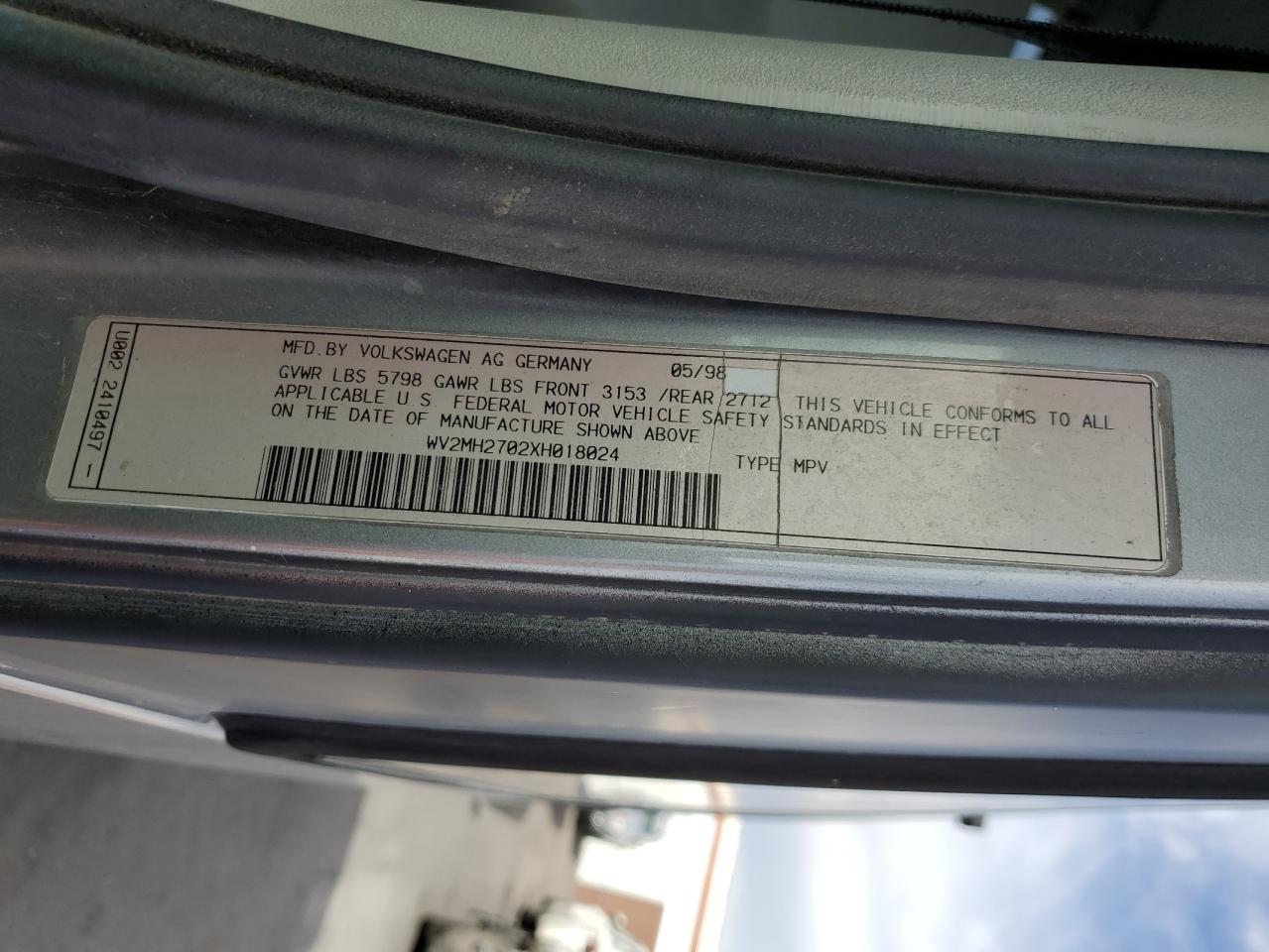 1999 Volkswagen Eurovan Mv VIN: WV2MH2702XH018024 Lot: 90135615