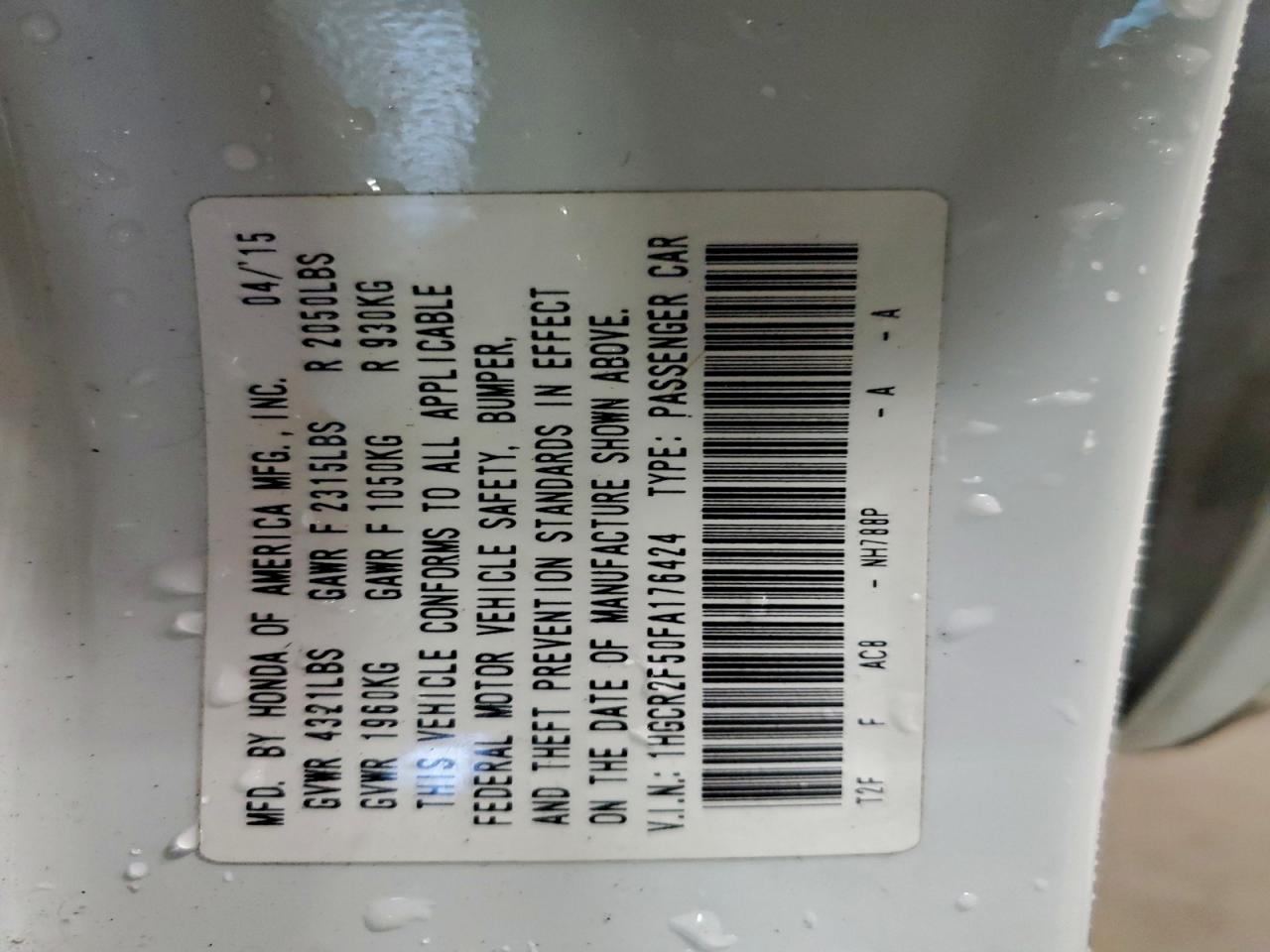 2015 Honda Accord Sport VIN: 1HGCR2F50FA176424 Lot: 92749515