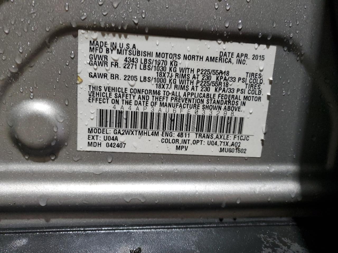 2015 Mitsubishi Outlander Sport Es VIN: 4A4AP3AU6FE033298 Lot: 92847675