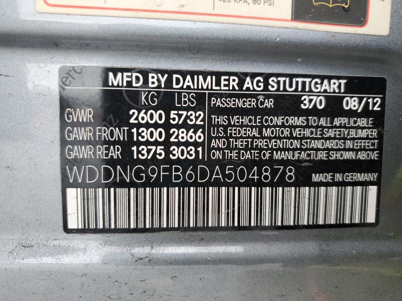 2013 Mercedes-Benz S 400 VIN: WDDNG9FB6DA504878 Lot: 92725145