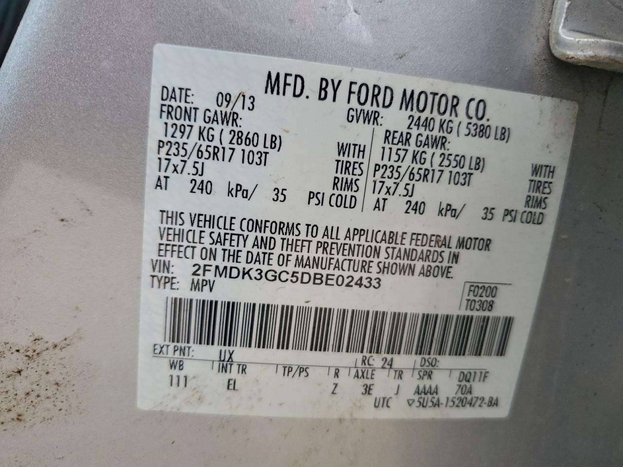 2013 Ford Edge Se VIN: 2FMDK3GC5DBE02433 Lot: 93533405