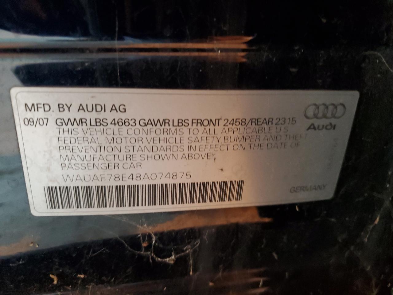 2008 Audi A4 2.0T VIN: WAUAF78E48A074875 Lot: 91517965