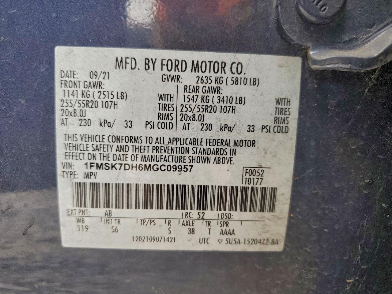 2021 Ford Explorer Xlt VIN: 1FMSK7DH6MGC09957 Lot: 94038145