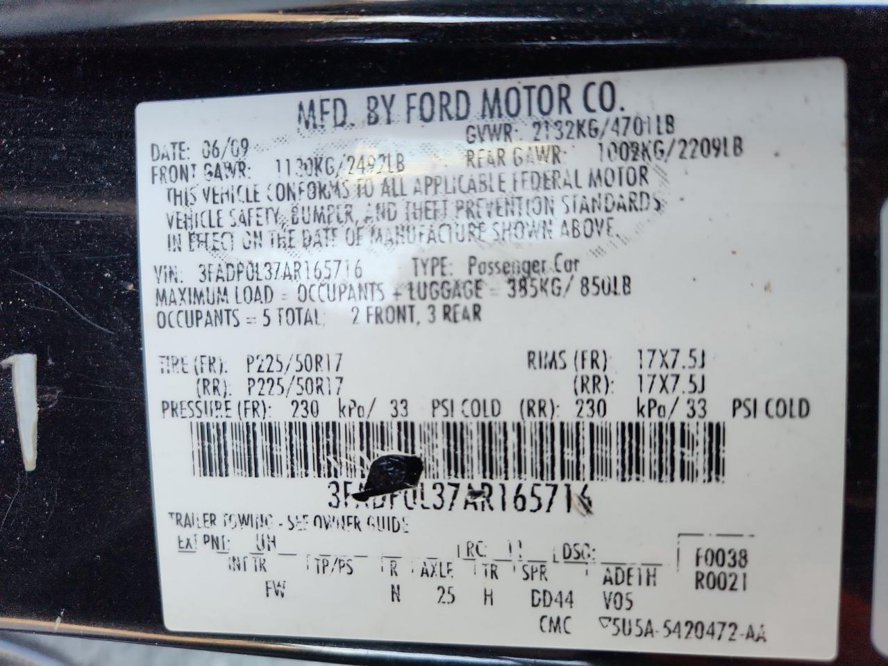 2010 Ford Fusion Hybrid VIN: 3FADP0L37AR165716 Lot: 93313565