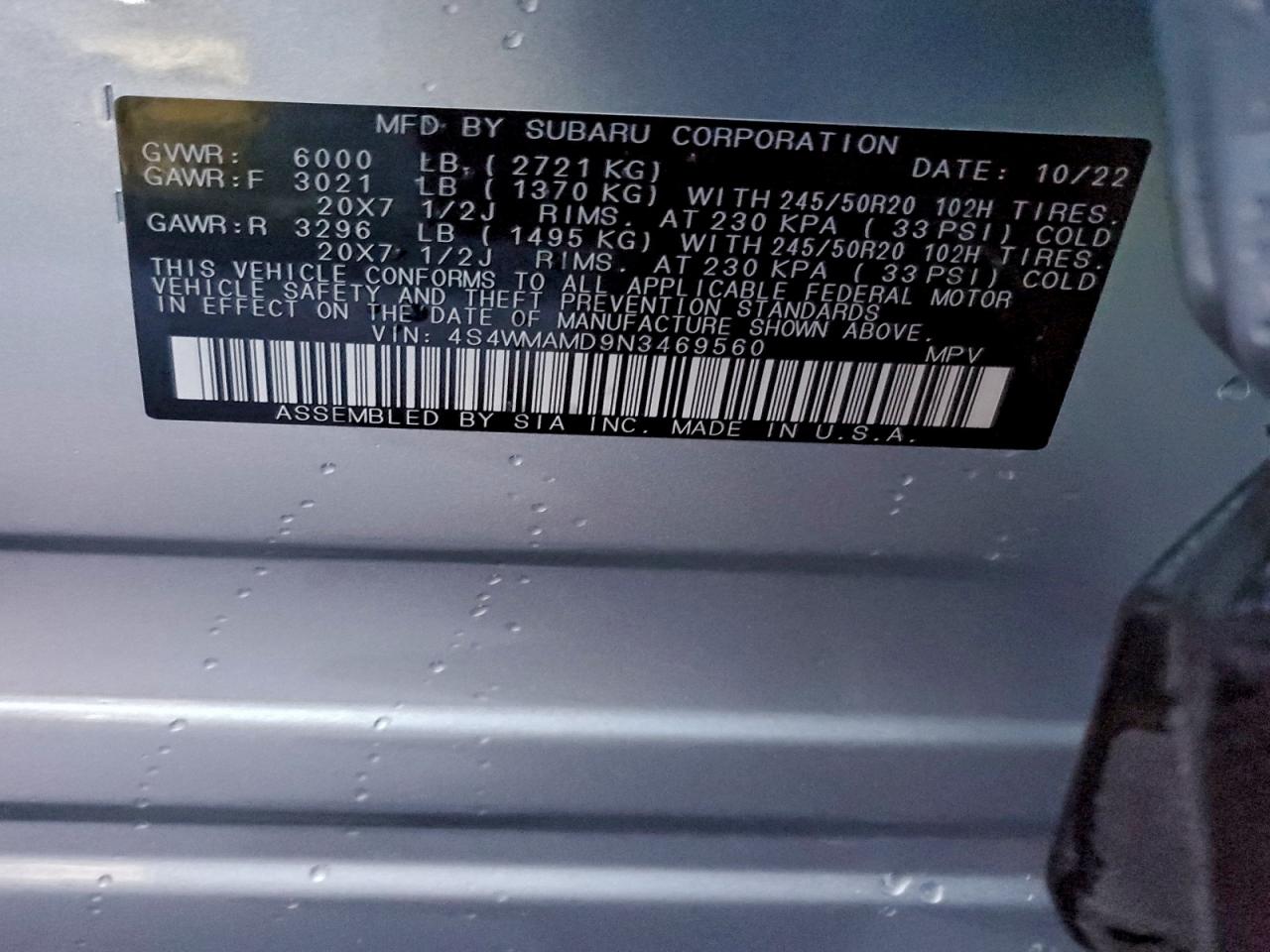 2022 Subaru Ascent Limited VIN: 4S4WMAMD9N3469560 Lot: 94358475