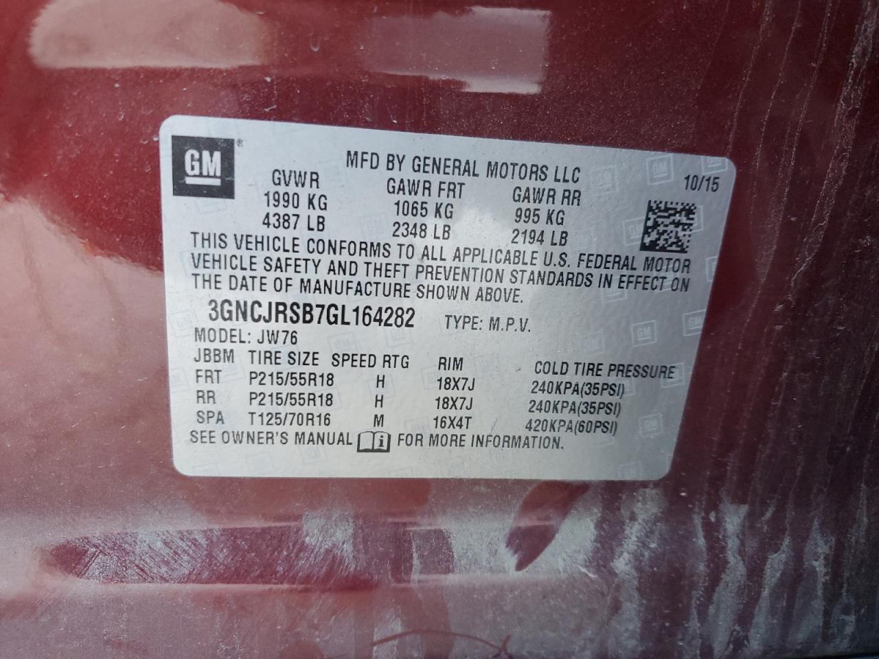 2016 Chevrolet Trax Ltz VIN: 3GNCJRSB7GL164282 Lot: 93108765