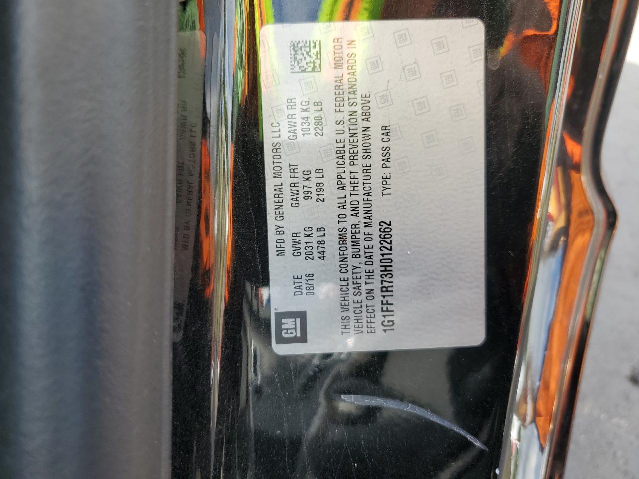 2017 Chevrolet Camaro Ss VIN: 1G1FF1R73H0122662 Lot: 93968015