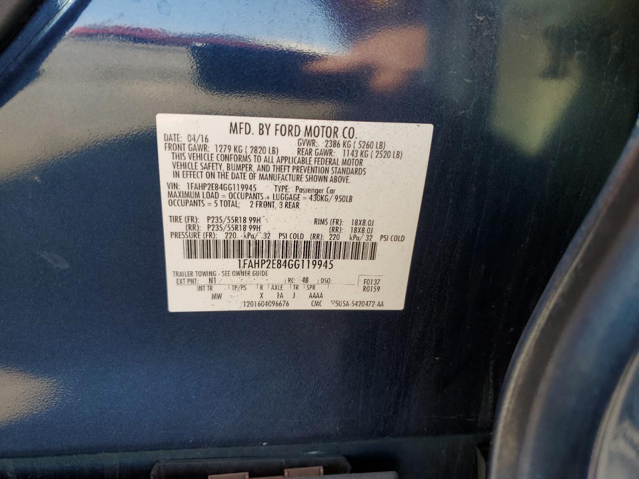 2016 Ford Taurus Sel VIN: 1FAHP2E84GG119945 Lot: 92994695