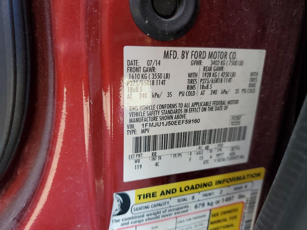 2014 Ford Expedition Xlt VIN: 1FMJU1J50EEF59160 Lot: 91791985