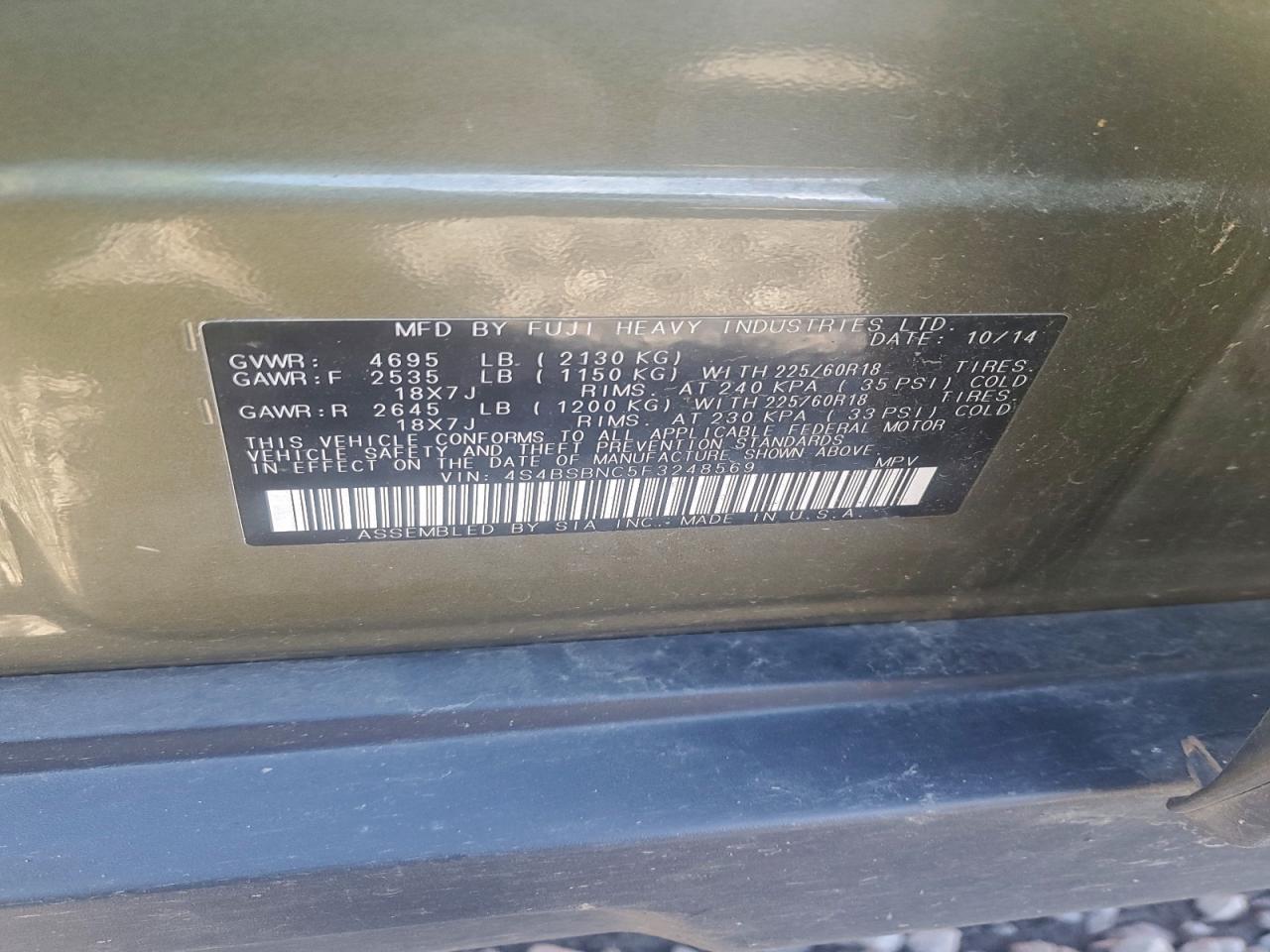 2015 Subaru Outback 2.5I Limited VIN: 4S4BSBNC5F3248569 Lot: 93428675