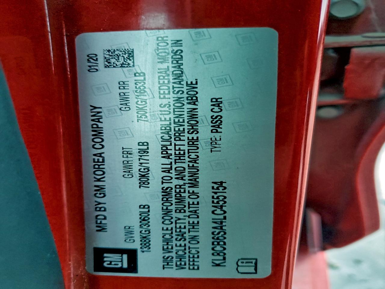 2020 Chevrolet Spark Ls VIN: KL8CB6SA4LC455154 Lot: 93876315