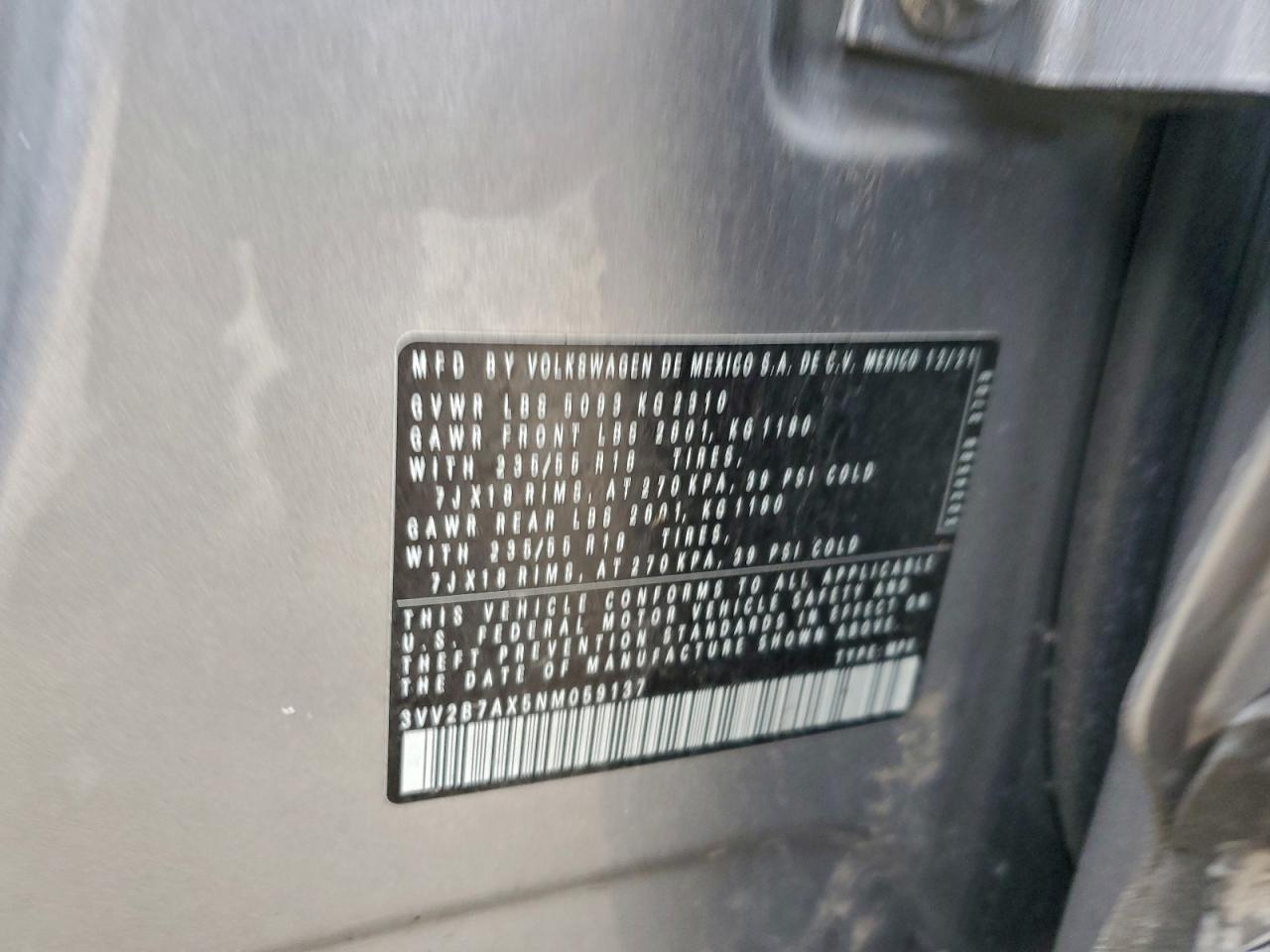 2022 Volkswagen Tiguan Se VIN: 3VV2B7AX5NM059137 Lot: 93609915