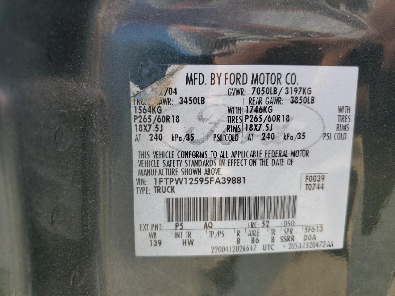 2005 Ford F150 Supercrew VIN: 1FTPW12595FA39881 Lot: 92633365