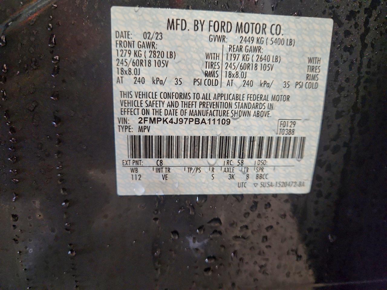 2023 Ford Edge Sel VIN: 2FMPK4J97PBA11109 Lot: 93199465