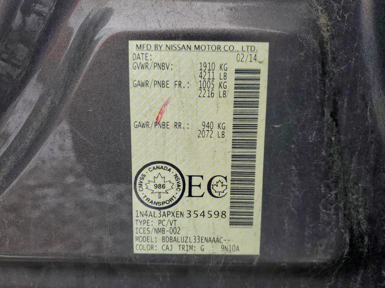 2014 Nissan Altima 2.5 VIN: 1N4AL3APXEN354598 Lot: 94130465