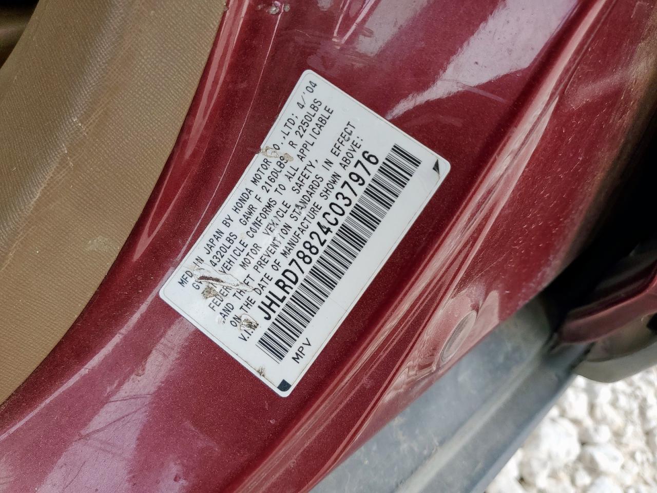 2004 Honda Cr-V Ex VIN: JHLRD78824C037976 Lot: 92929635