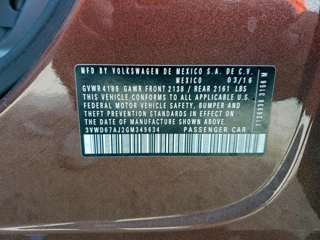 2016 Volkswagen Jetta Se VIN: 3VWD67AJ2GM349634 Lot: 94031035