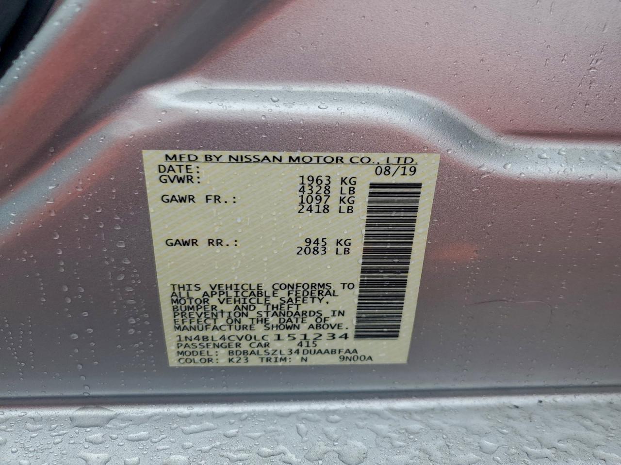 2020 Nissan Altima Sr VIN: 1N4BL4CV0LC151234 Lot: 93398095