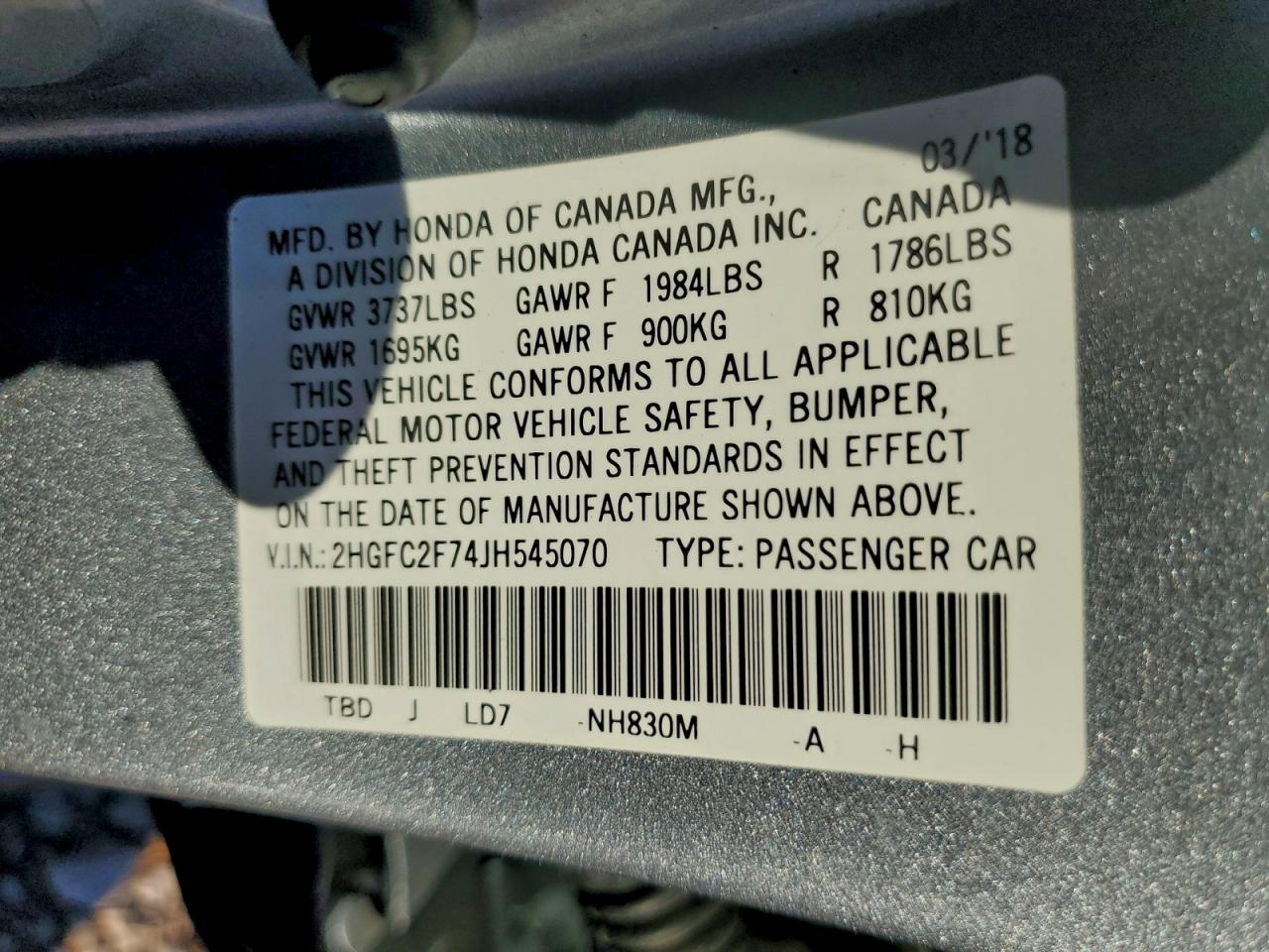 2018 Honda Civic Ex VIN: 2HGFC2F74JH545070 Lot: 94282725