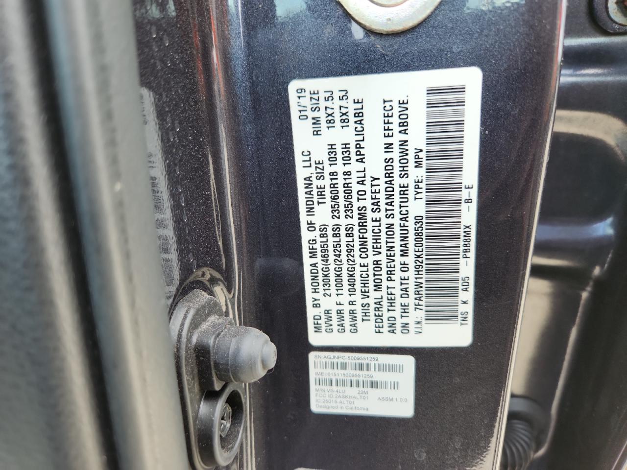 2019 Honda Cr-V Touring VIN: 7FARW1H92KE008530 Lot: 91143855