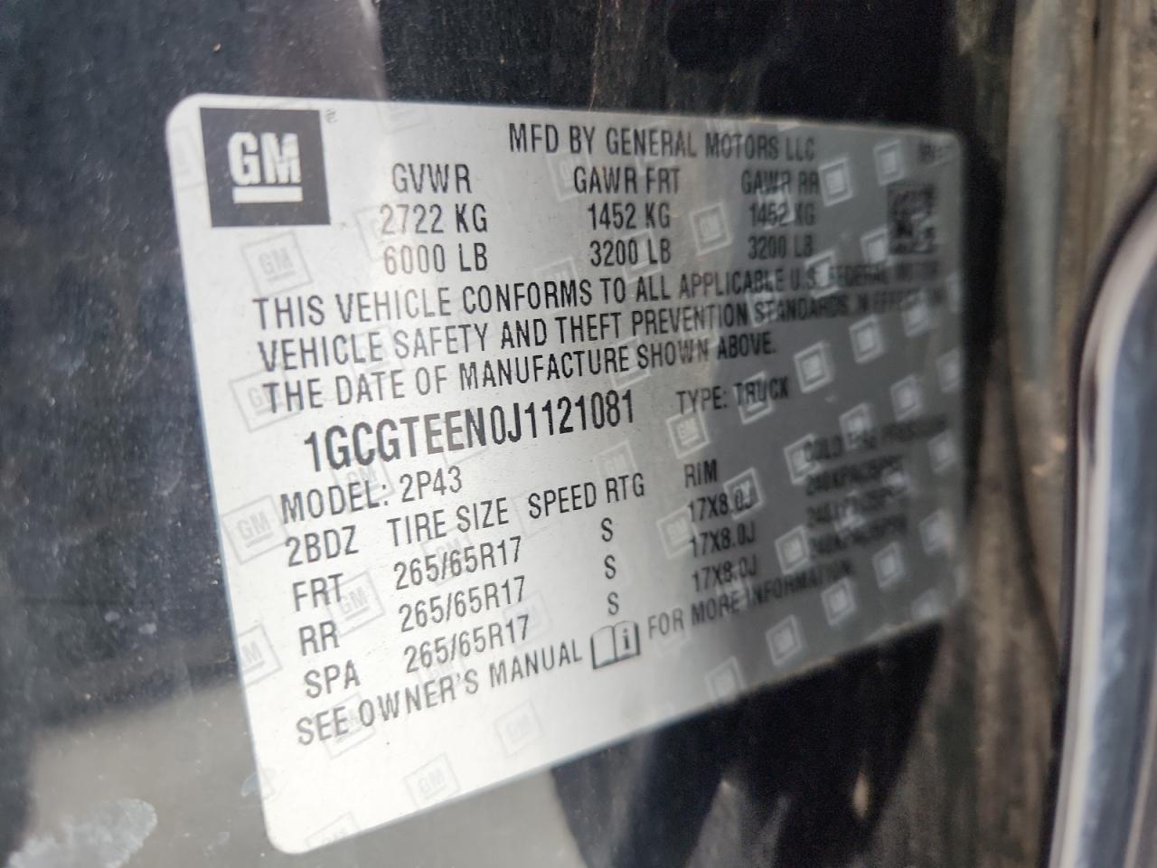 2018 Chevrolet Colorado Zr2 VIN: 1GCGTEEN0J1121081 Lot: 92216905