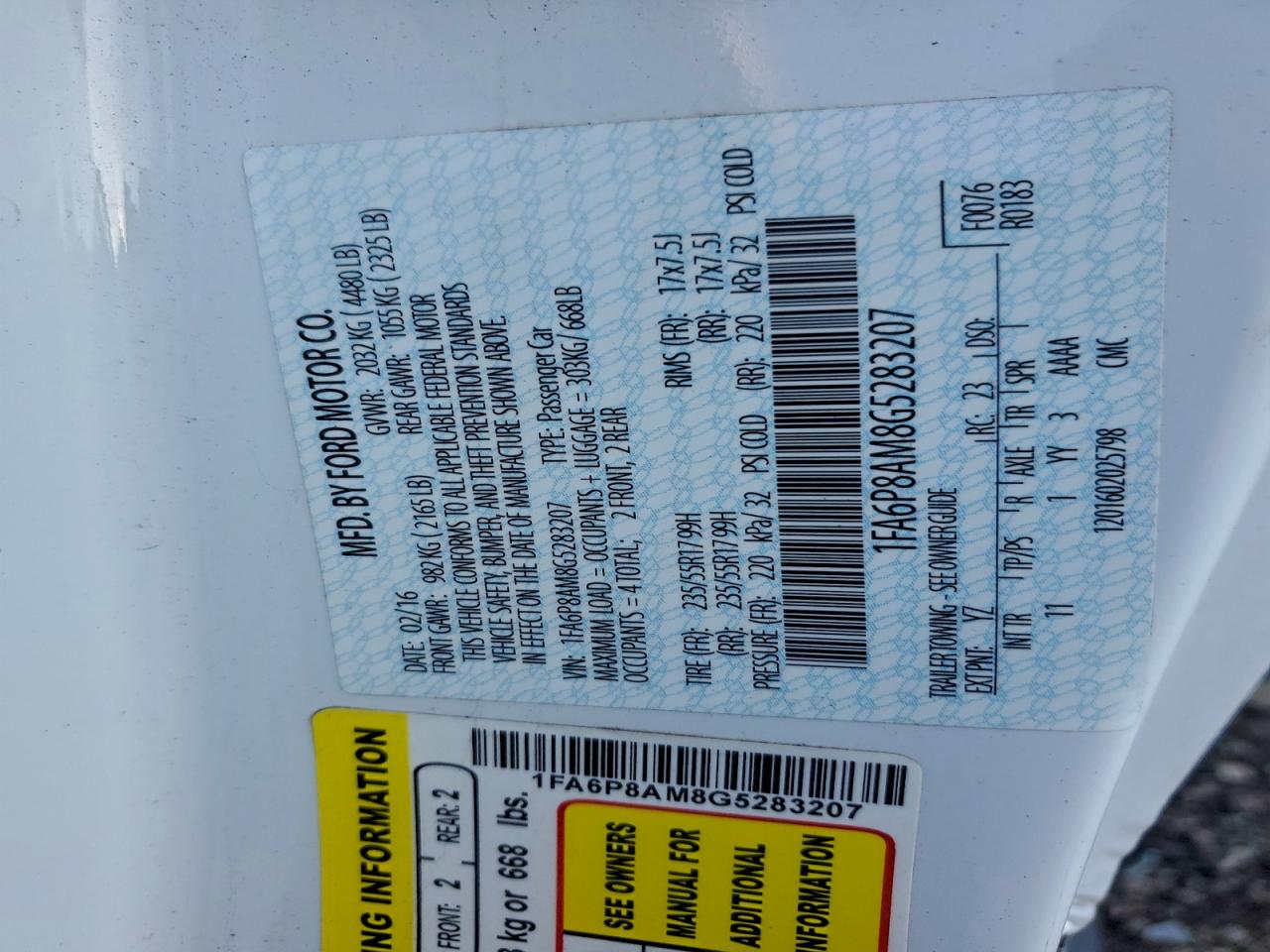 2016 Ford Mustang VIN: 1FA6P8AM8G5283207 Lot: 92105355