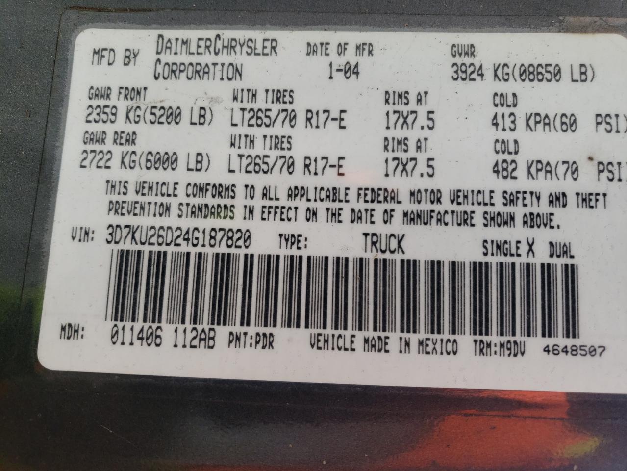 2004 Dodge Ram 2500 St VIN: 3D7KU26D24G187820 Lot: 92557835