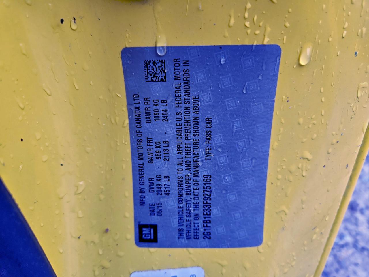 2015 Chevrolet Camaro Ls VIN: 2G1FB1E33F9275169 Lot: 94286275