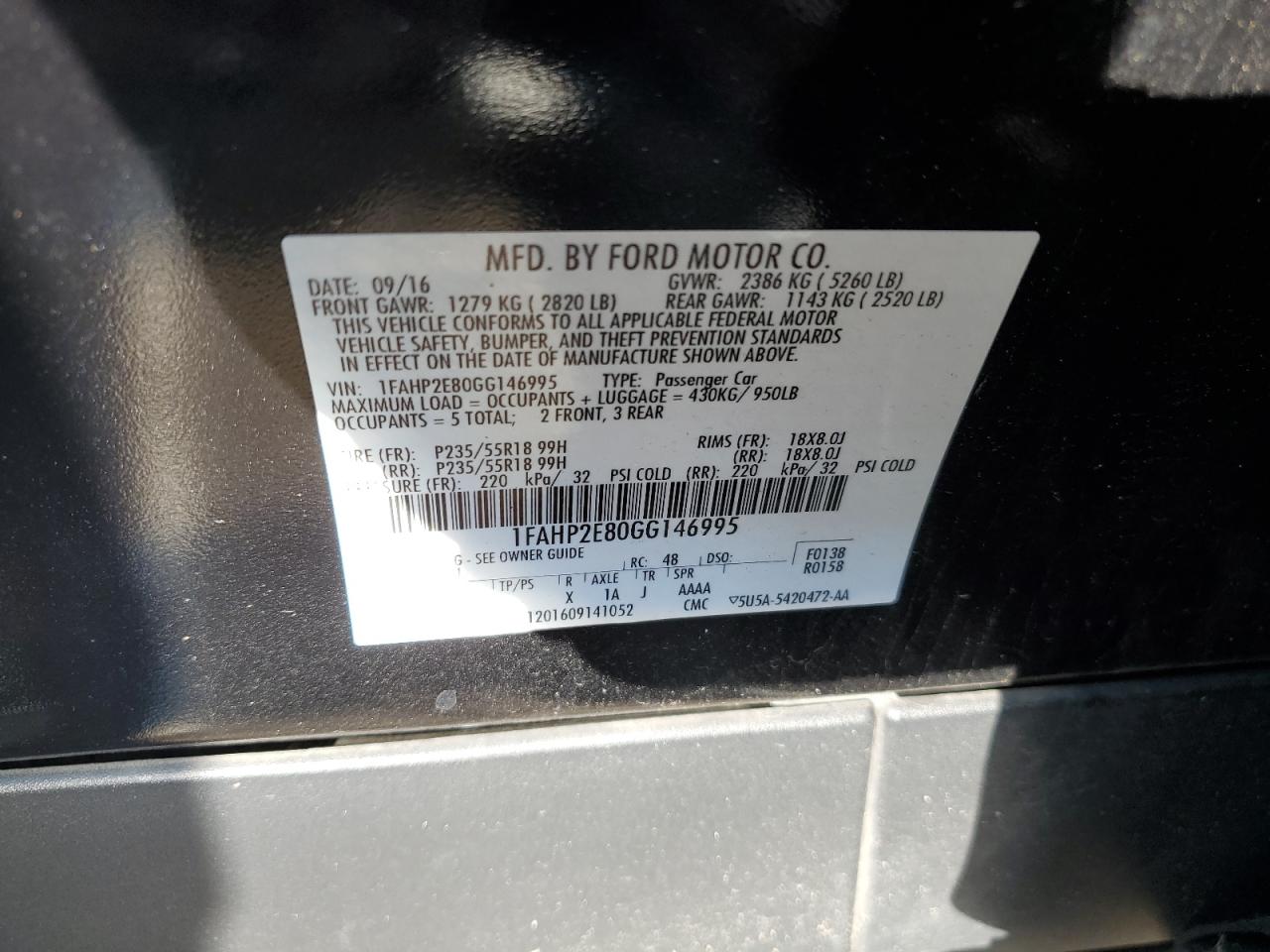 2016 Ford Taurus Sel VIN: 1FAHP2E80GG146995 Lot: 93238435