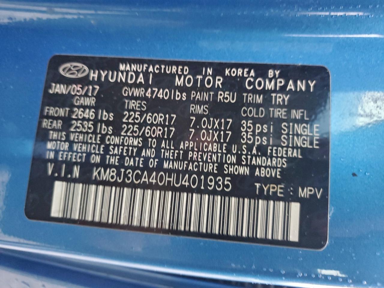 2017 Hyundai Tucson Limited VIN: KM8J3CA40HU401935 Lot: 94252105