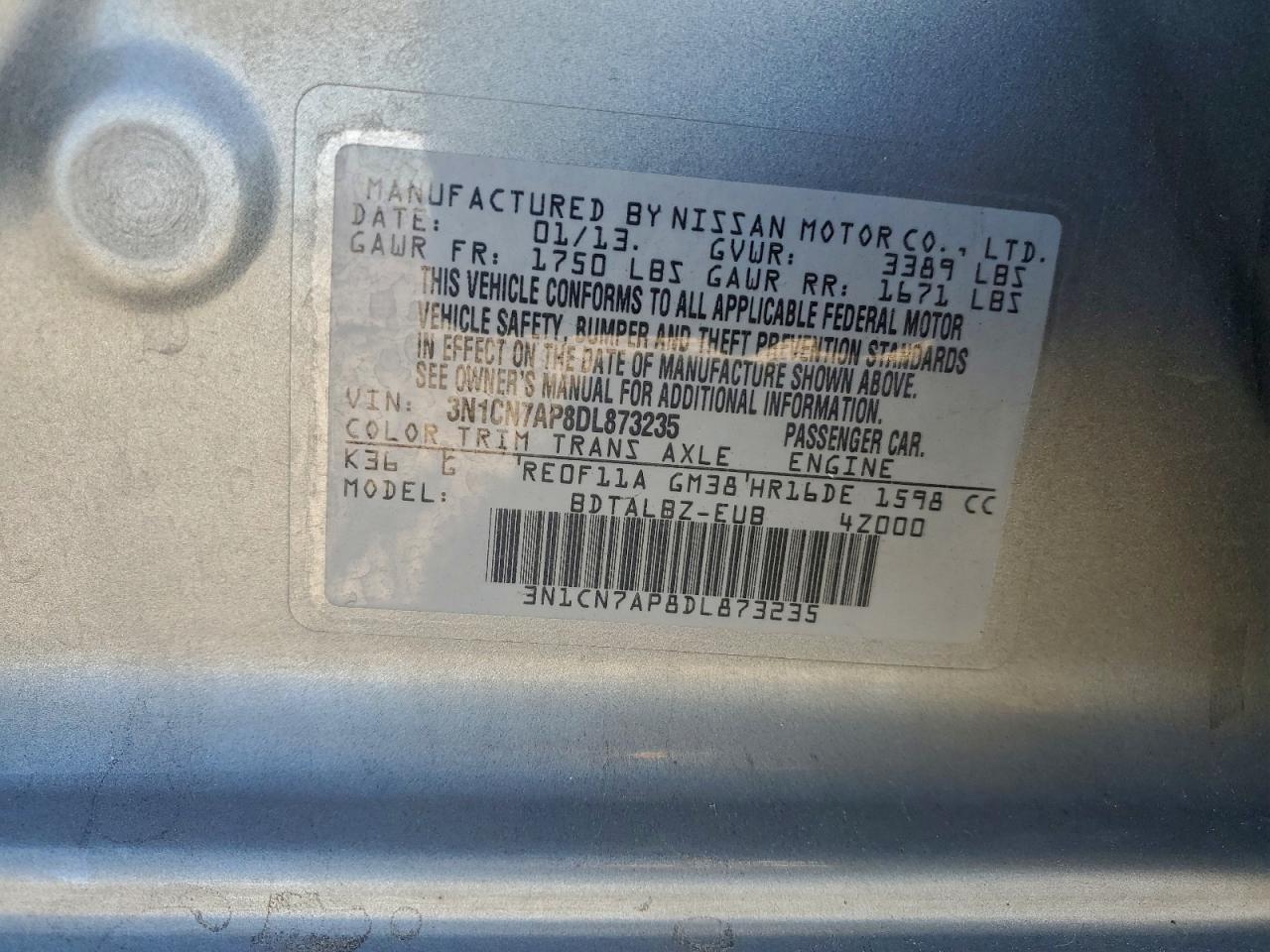 2013 Nissan Versa S VIN: 3N1CN7AP8DL873235 Lot: 94379515