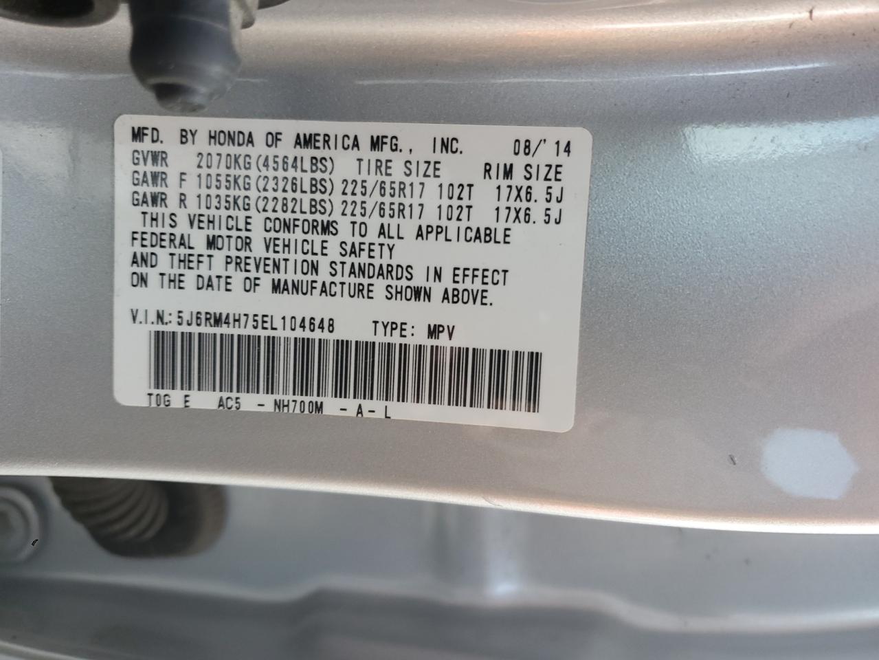 2014 Honda Cr-V Exl VIN: 5J6RM4H75EL104648 Lot: 92575085