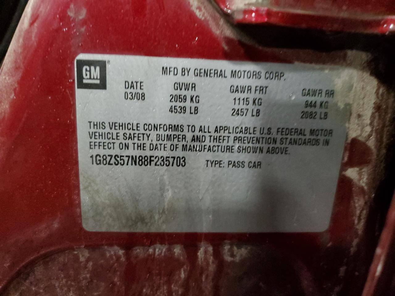 2008 Saturn Aura Xe VIN: 1G8ZS57N88F235703 Lot: 92613925