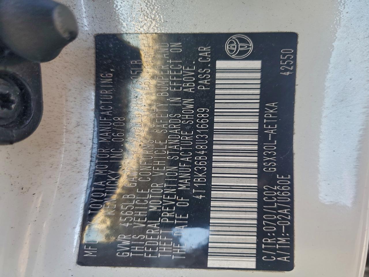 2008 Toyota Avalon Xl VIN: 4T1BK36B48U316689 Lot: 93937615