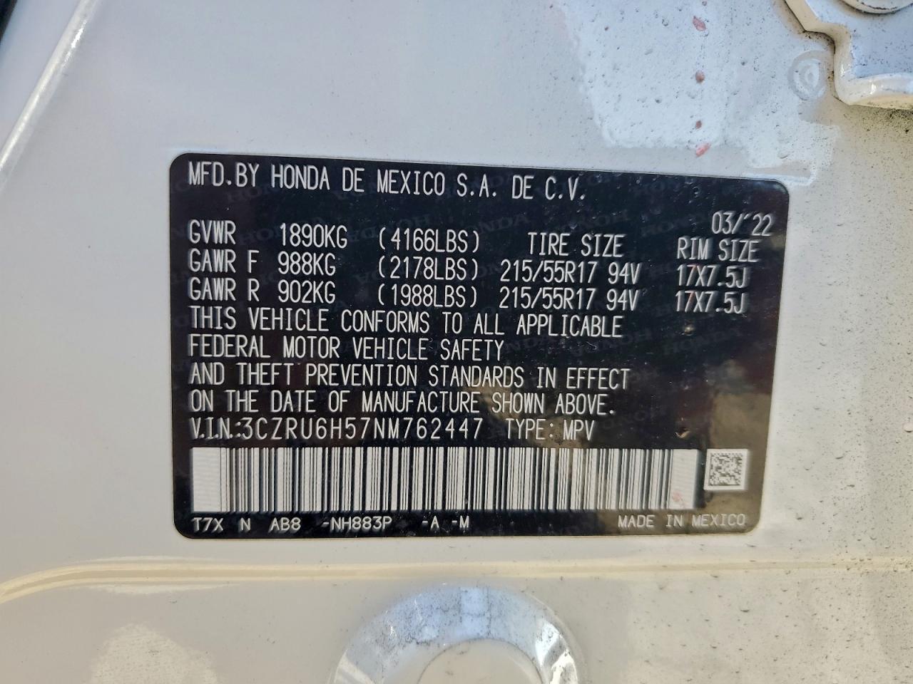 2022 Honda Hr-V Ex VIN: 3CZRU6H57NM762447 Lot: 94540505